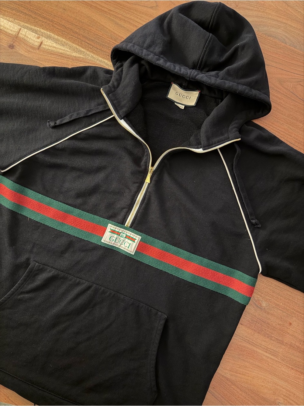 Gucci Black Hooded Half-Zip Sweatshirt with Green & Red Stripe
